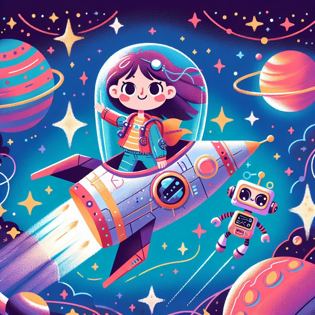 Une illustration destinée aux enfants représentant une jeune femme intrépide, voyageant à travers l'espace à bord d'un vaisseau spatial futuriste, accompagnée d'un adorable robot, dans un univers cosmique rempli d'étoiles scintillantes et de planètes colorées.