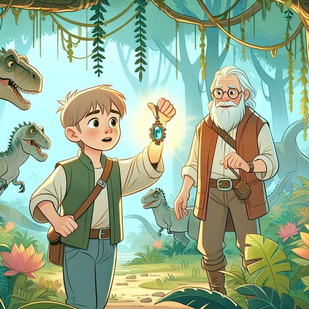 Une illustration destinée aux enfants représentant un jeune garçon intrépide, découvrant un mystérieux pendentif magique, accompagné d'un sage vieil homme, dans une forêt enchantée pleine de dinosaures et de plantes géantes.