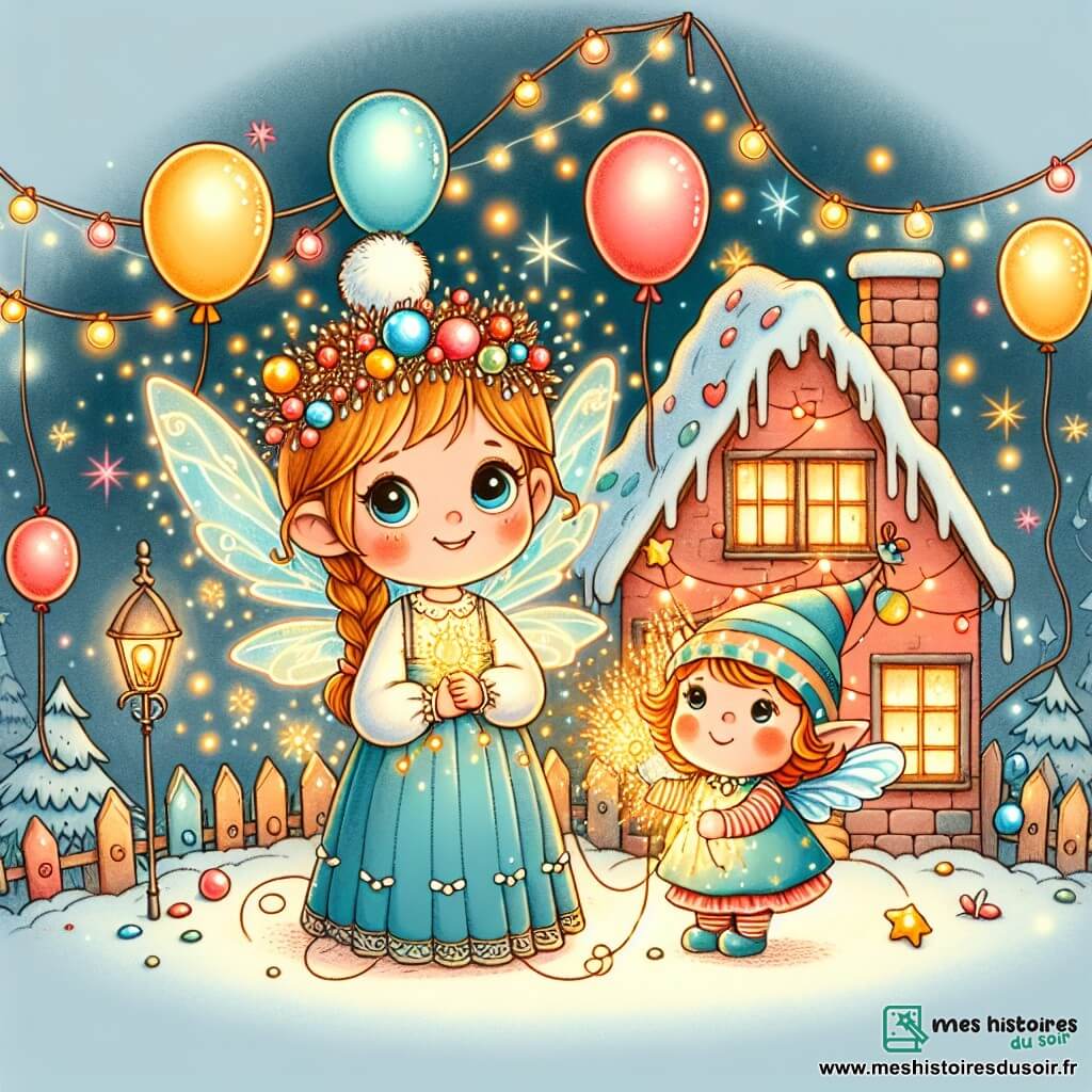 Une illustration destinée aux enfants représentant une jeune fille étincelante, entourée d'un lutin malicieux, dans une maison décorée de guirlandes scintillantes et de ballons multicolores, lors de la fête du Nouvel An.
