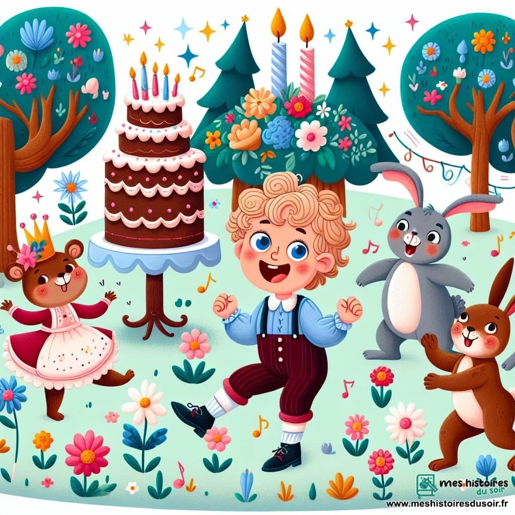 Une illustration destinée aux enfants représentant un petit garçon espiègle se retrouvant entouré d'un gâteau dansant, d'un lapin bavard et d'un jardin enchanté où les arbres font des grimaces et les fleurs dansent la polka.