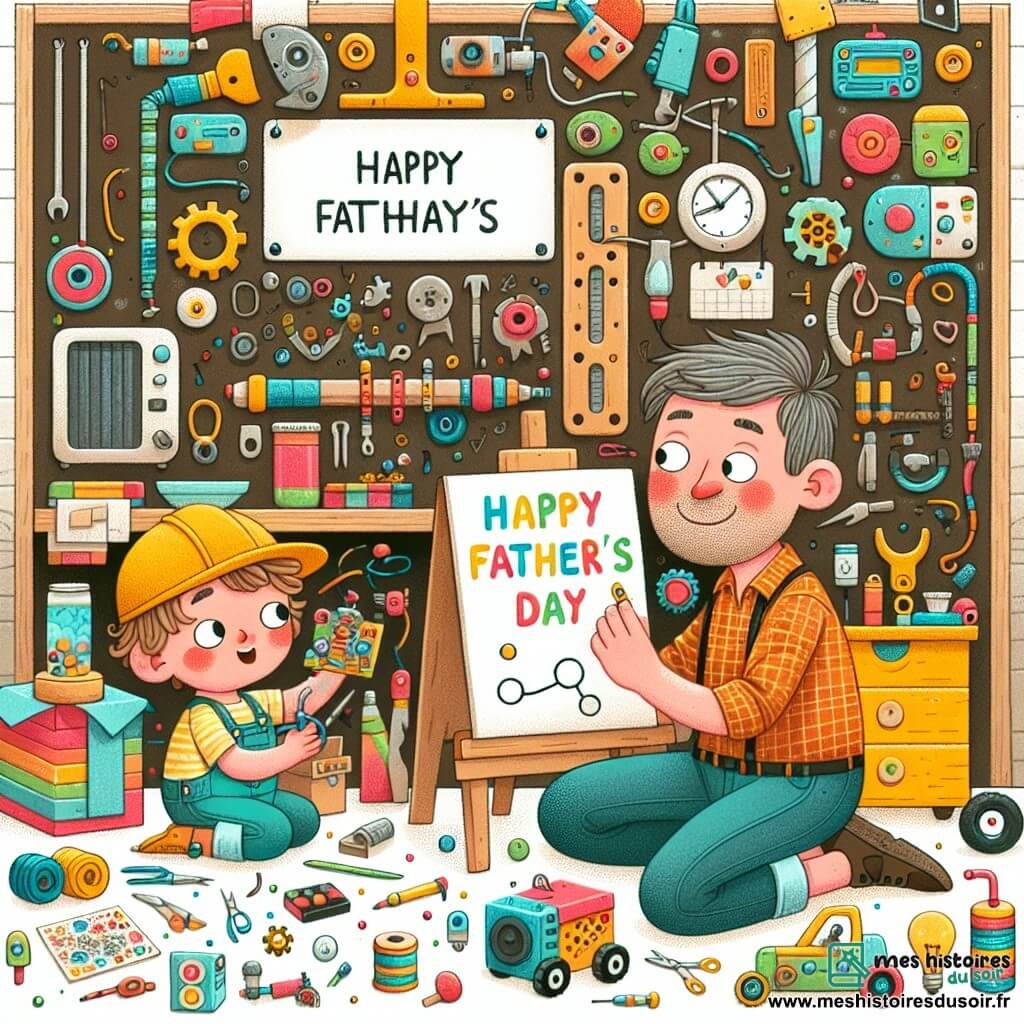 Une illustration destinée aux enfants représentant un petit garçon inventif préparant une surprise pour la fête des pères, accompagné de son papa ingénieur un peu tête en l'air, dans un atelier rempli de gadgets colorés et de bricolages farfelus.