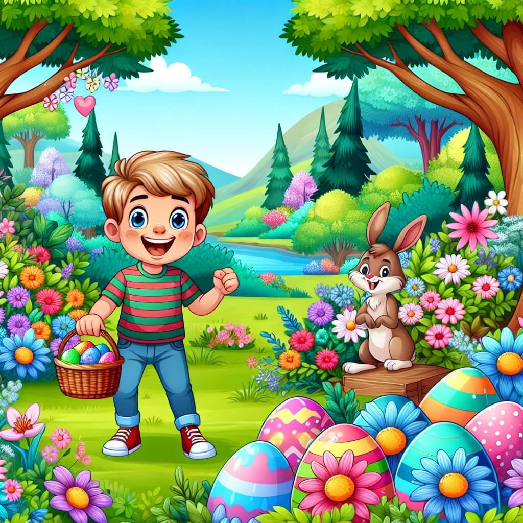 Une illustration destinée aux enfants représentant un jeune garçon plein d'enthousiasme, se préparant pour une chasse aux œufs de Pâques dans un jardin enchanté rempli de fleurs multicolores, d'arbres majestueux et de petits animaux joyeux.