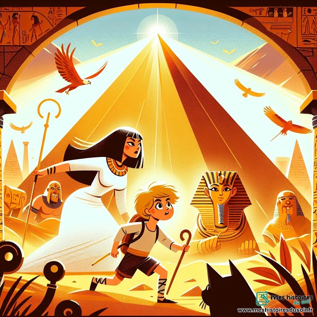 Une illustration destinée aux enfants représentant un jeune garçon courageux se retrouvant au cœur d'une pyramide dorée, accompagné d'une guide mystérieuse, dans l'Égypte ancienne, entouré de mystères et de dangers.
