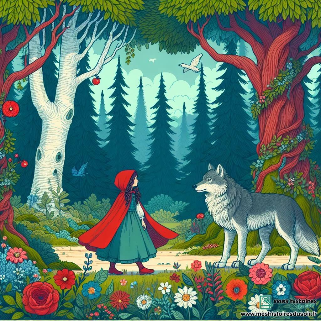 Une illustration destinée aux enfants représentant une jeune fille au chaperon rouge, faisant face à un loup malicieux, dans une forêt enchantée aux arbres majestueux et aux fleurs multicolores.