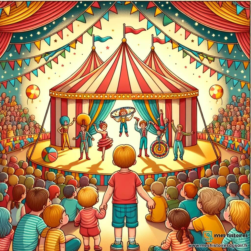 Une illustration destinée aux enfants représentant un petit garçon émerveillé par les acrobaties du cirque, accompagné de sa maman, sous le grand chapiteau coloré aux drapeaux chatoyants, rempli de spectateurs enthousiastes.
