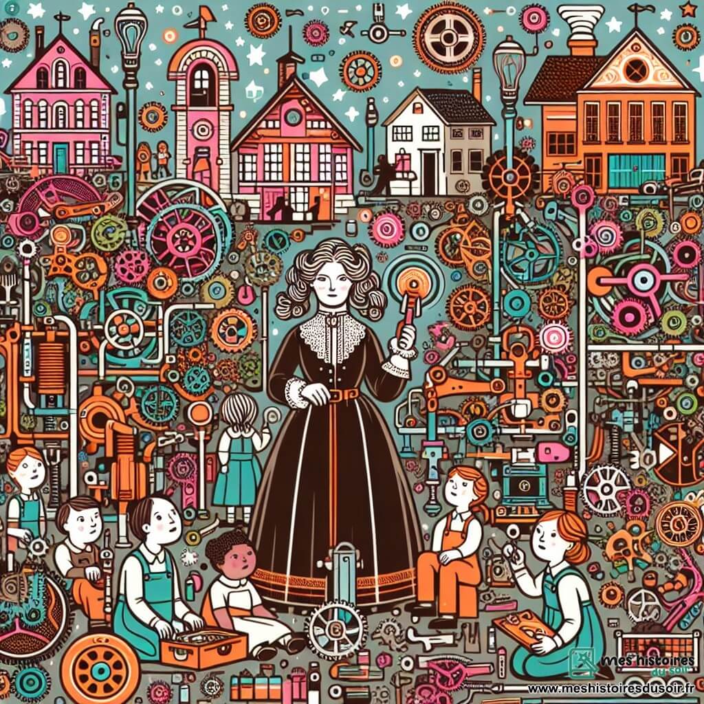Une illustration destinée aux enfants représentant une inventeuse extraordinaire, entourée de jeunes enfants curieux, dans son atelier rempli de machines et d'outils colorés et étranges, dans une petite ville paisible.