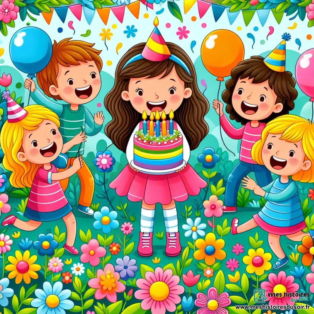 Une illustration destinée aux enfants représentant une fillette joyeuse célébrant son anniversaire entourée de ses amis dans un jardin en fleurs aux couleurs vives et aux ballons colorés.