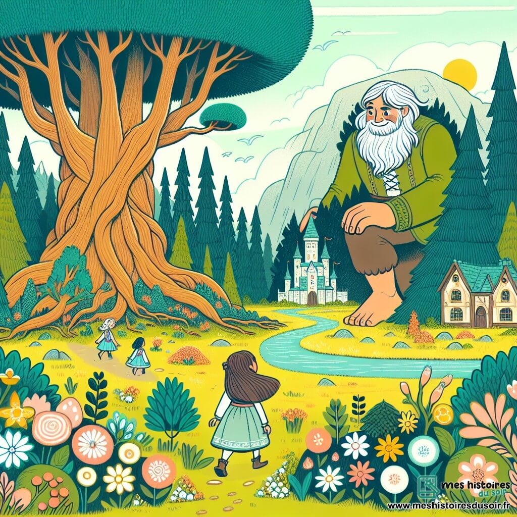 Une illustration destinée aux enfants représentant un géant bienveillant rencontrant une fillette curieuse dans un royaume enchanté, où des arbres gigantesques s'élèvent jusqu'au ciel et des fleurs aux couleurs éclatantes parsèment le sol.