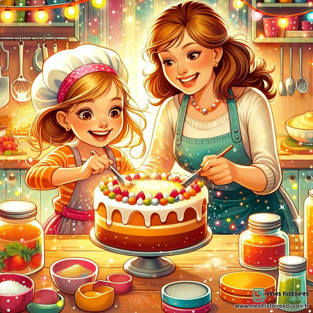 Une illustration destinée aux enfants représentant une jeune fille passionnée de cuisine, préparant un gâteau spectaculaire pour un banquet, avec l'aide bienveillante de sa maman, dans une cuisine colorée et chaleureuse remplie d'ustensiles scintillants et de pots d'épices aux couleurs vives.