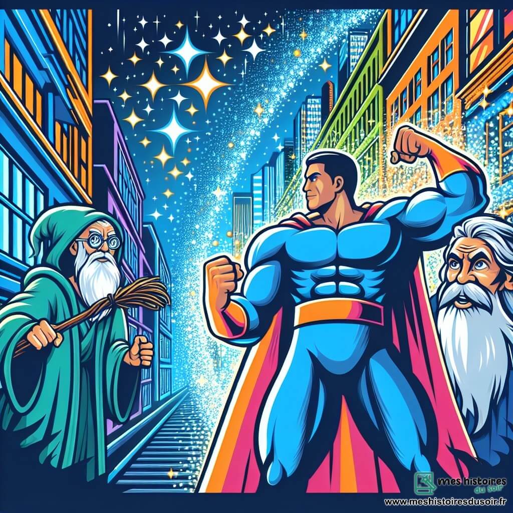 Une illustration destinée aux enfants représentant un super-héros homme aux muscles saillants, affrontant un méchant sorcier, sous le regard bienveillant d'un vieux sage à la barbe blanche, dans la ville étincelante de Lumiville aux gratte-ciels scintillants et aux ruelles colorées.