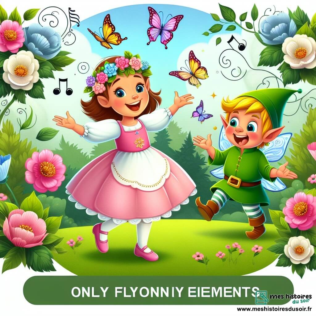 Une illustration destinée aux enfants représentant une jeune fille joyeuse fêtant son anniversaire dans un jardin enchanté, accompagnée d'un elfe farceur vêtu d'une tunique verte, avec des fleurs chantantes, des arbres chuchotants et des papillons dansants tout autour.