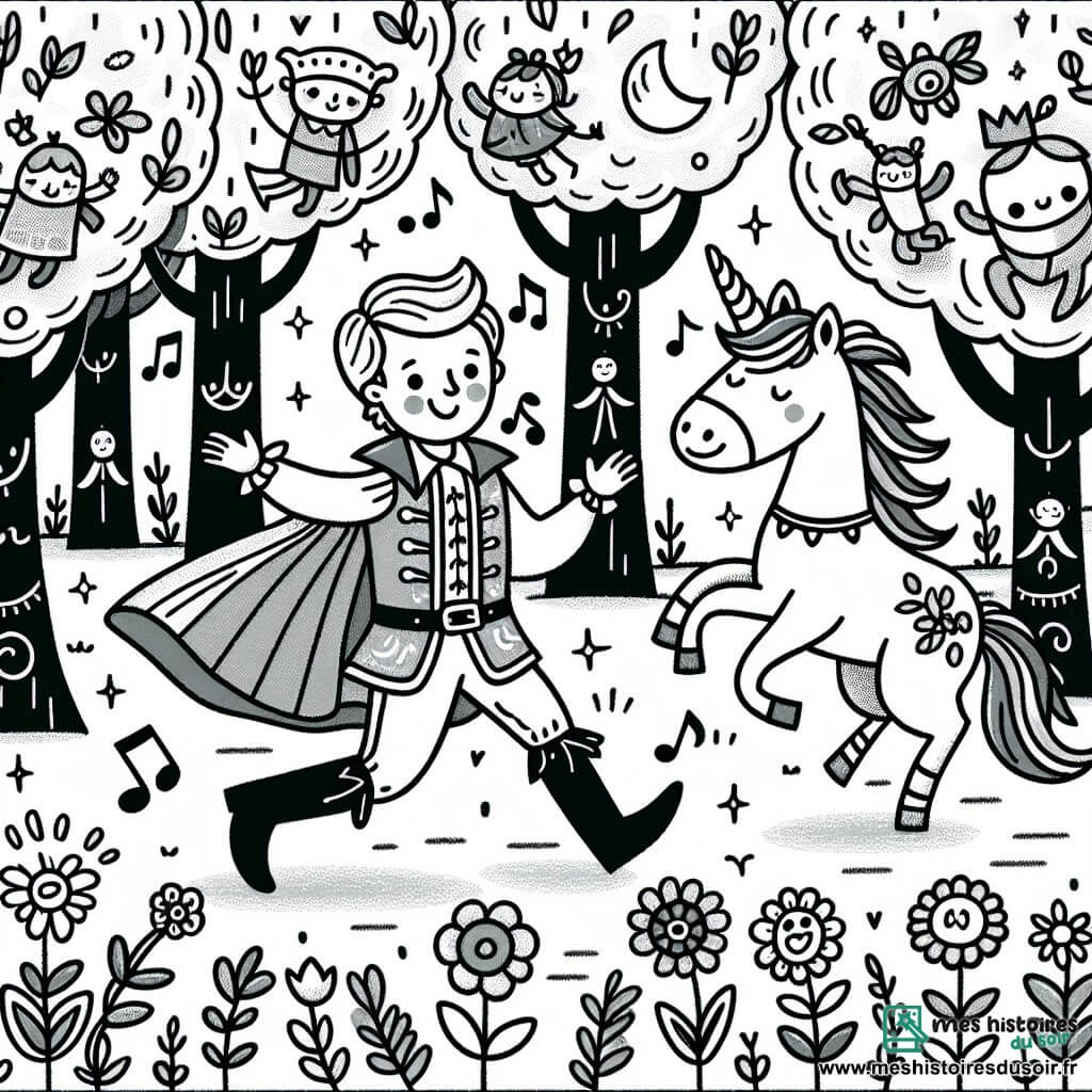 Une illustration destinée aux enfants représentant un prince farceur se lançant dans une quête joyeuse avec une licorne farfelue, dans une forêt magique aux arbres dansants et aux fleurs qui chantent.