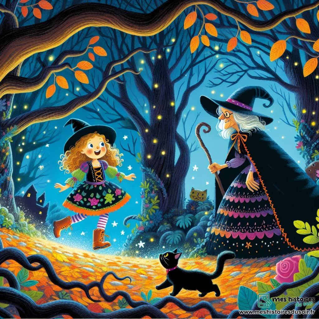 Une illustration destinée aux enfants représentant une petite fille déguisée en sorcière, se lançant dans une aventure palpitante avec une vieille dame mystérieuse et son chat noir, dans une forêt hantée aux arbres tordus et aux feuilles craquantes, lors de la nuit magique d'Halloween.