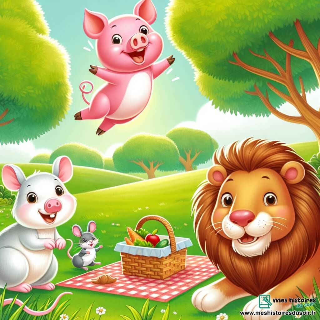 Une illustration destinée aux enfants représentant un joyeux cochon rose, une souris malicieuse, un lapin bondissant et un lion courageux, partageant un pique-nique coloré dans une clairière ensoleillée aux arbres verdoyants et à l'herbe douce.