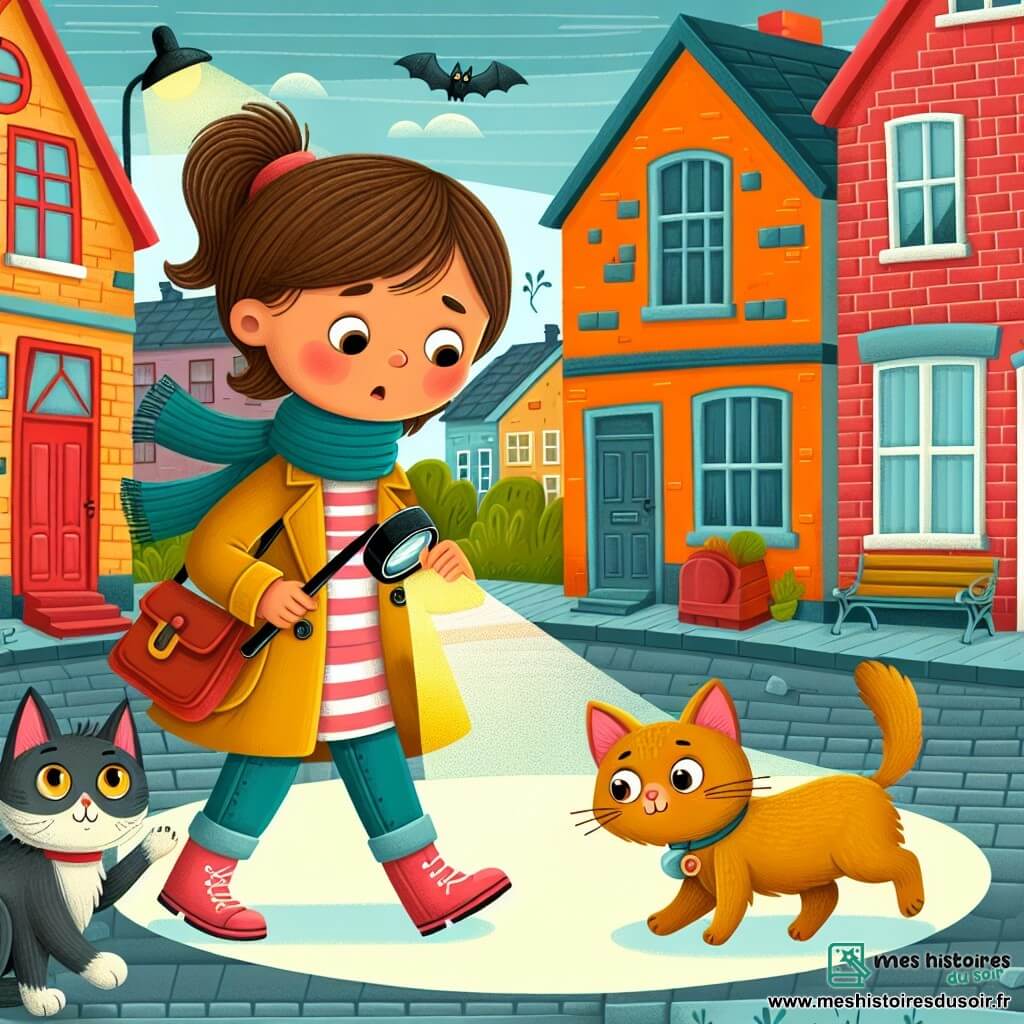 Une illustration destinée aux enfants représentant une fillette intrépide menant une enquête pour retrouver son chat disparu, accompagnée de son fidèle compagnon à quatre pattes, dans une petite ville colorée aux maisons en briques et aux ruelles sombres.