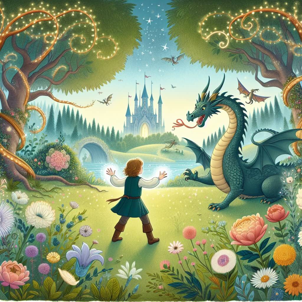 Une illustration destinée aux enfants représentant une jeune fille courageuse, confrontée à un défi impossible, accompagnée d'un fidèle dragon, dans un royaume magique où les arbres dansent et les fleurs chantent.