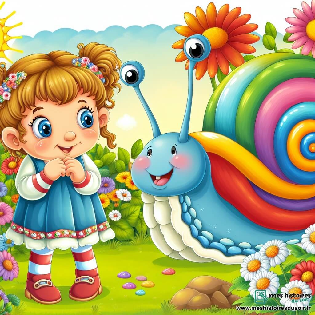 Une illustration destinée aux enfants représentant une fillette espiègle se tenant devant un escargot géant avec une coquille multicolore, dans un jardin ensoleillé aux fleurs éclatantes et à l'herbe douce.