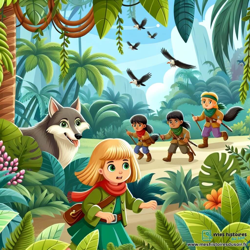 Une illustration destinée aux enfants représentant une petite fille intrépide, entourée de ses amis, explorant une île tropicale luxuriante et mystérieuse remplie de créatures exotiques et de défis passionnants.