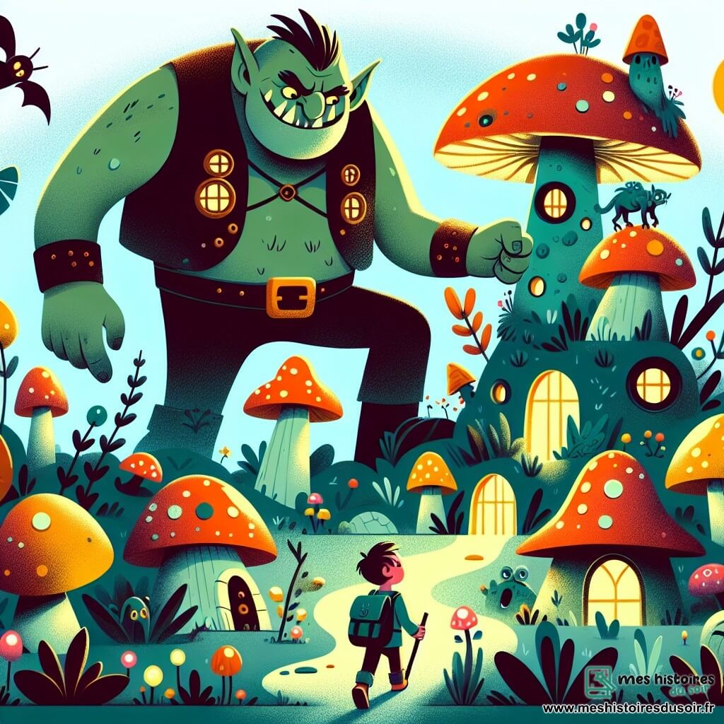 Une illustration destinée aux enfants représentant un ogre farceur géant, un garçon curieux et un royaume secret peuplé de maisons en champignons géants, plantes lumineuses et créatures étranges.