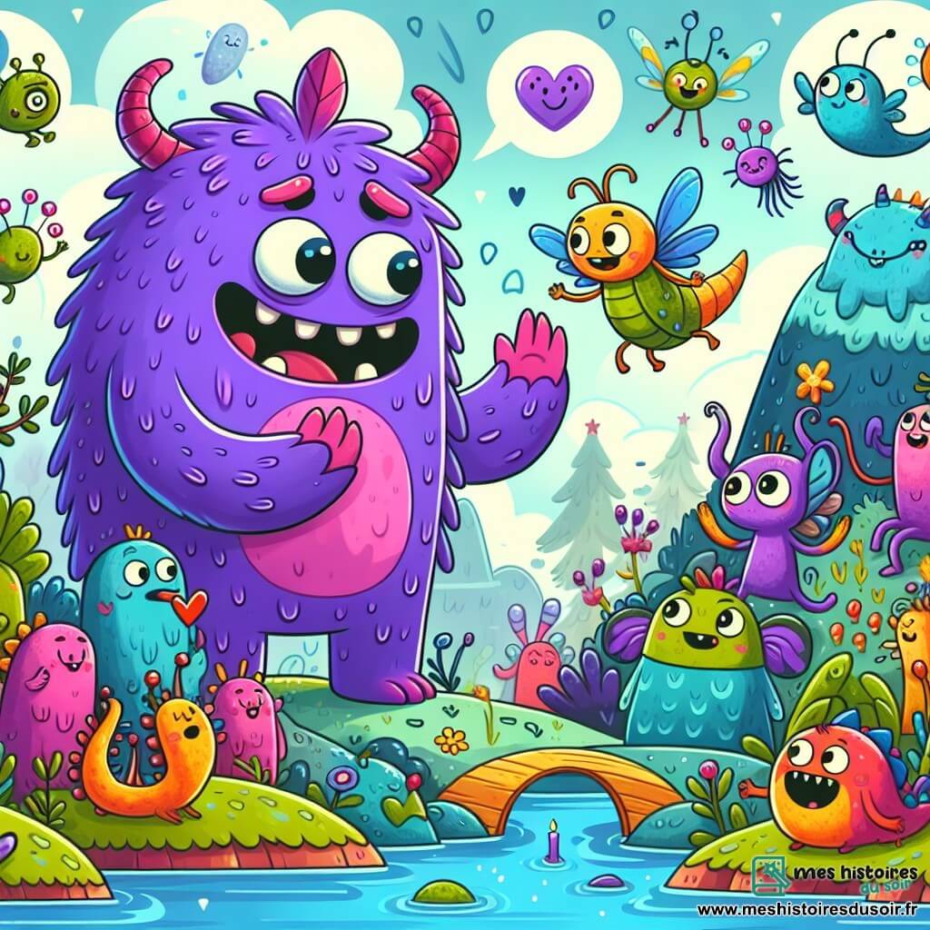 Une illustration destinée aux enfants représentant un monstre violet au cœur tendre se liant d'amitié avec des lutins farceurs dans une île mystérieuse et enchantée peuplée de créatures rigolotes aux couleurs chatoyantes et aux formes fantaisistes.
