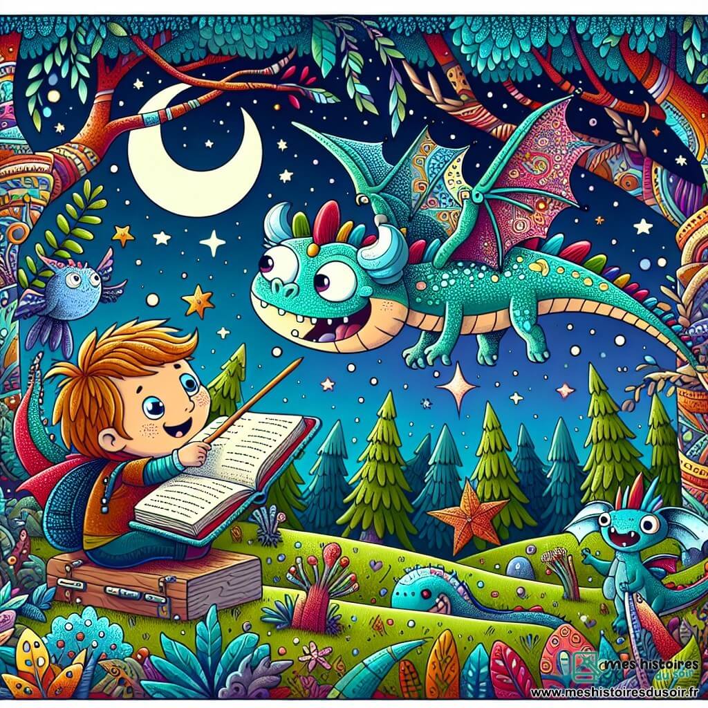Une illustration destinée aux enfants représentant un dragon rigolo tentant d'apprendre à voler avec l'aide d'un jeune garçon, dans une forêt enchantée aux couleurs chatoyantes et aux créatures étranges.