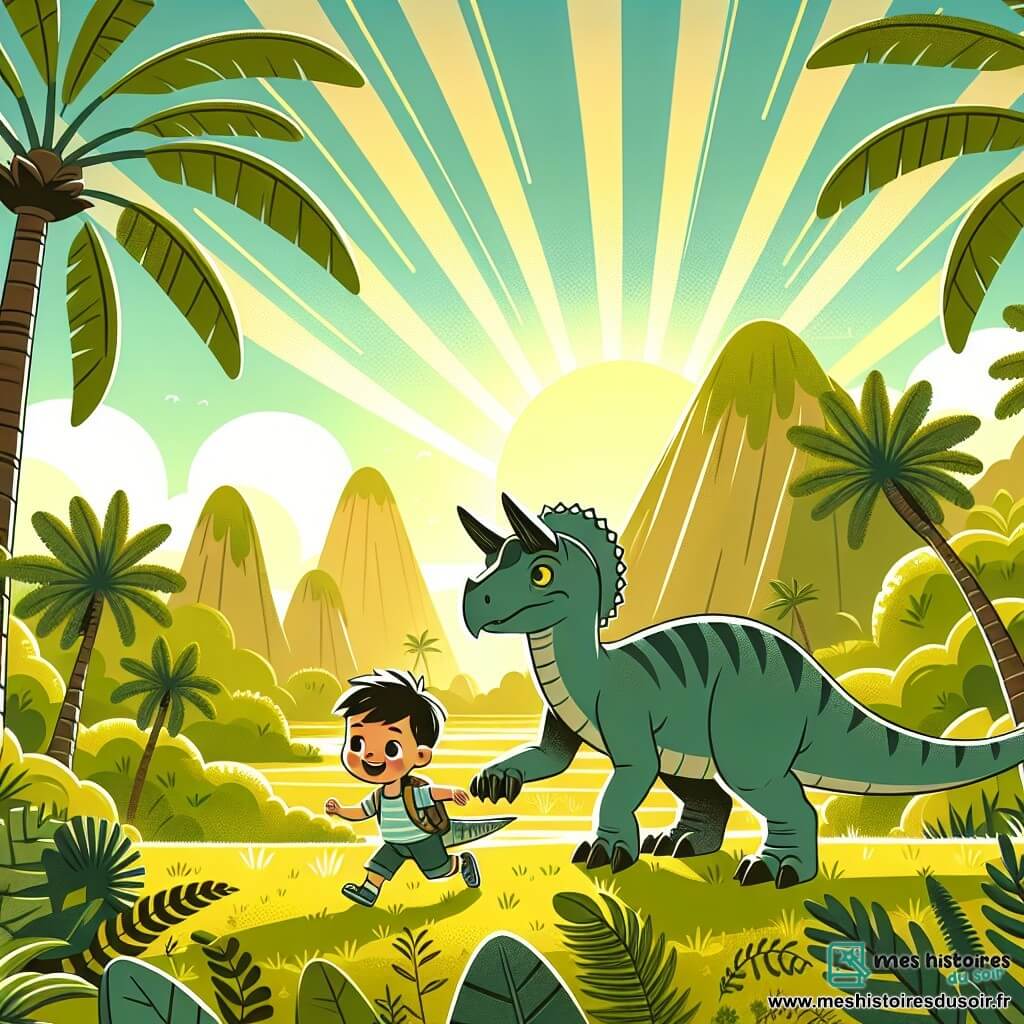 Une illustration destinée aux enfants représentant un jeune vélociraptor garçon se lançant dans une aventure avec son nouvel ami tricératops garçon, dans la vallée verdoyante de Velocia, entourée de hauts palmiers, de fougères géantes et baignée par les rayons dorés du soleil.