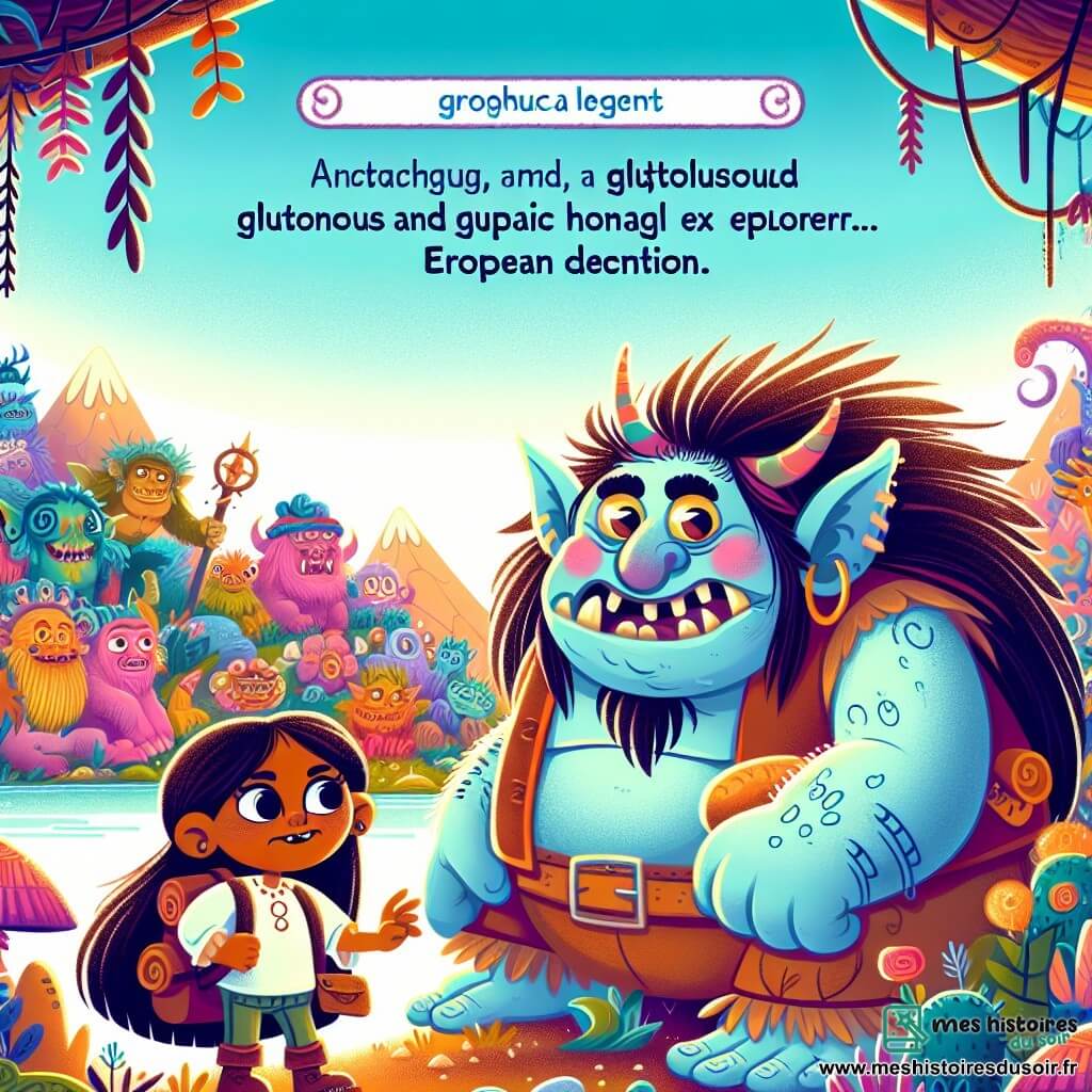Une illustration destinée aux enfants représentant un troll gourmand et rigolo, accompagné d'un jeune explorateur, dans un royaume fantastique aux couleurs chatoyantes et aux créatures étranges.