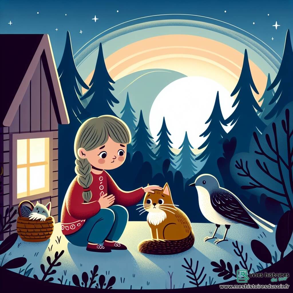 Une illustration destinée aux enfants représentant une petite fille confrontée à la mort de son chat, accompagnée d'un oiseau bienveillant, dans une maison en bordure de la forêt, baignée par la lumière douce du soleil couchant.