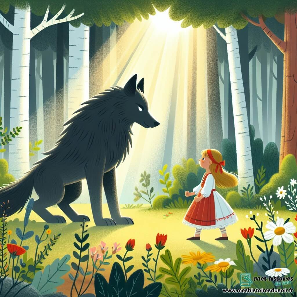 Une illustration destinée aux enfants représentant une petite fille courageuse défiant un grand loup sombre et majestueux, dans une clairière secrète de la forêt, où les rayons du soleil filtrent à travers les arbres touffus et les fleurs sauvages dansent au gré du vent.