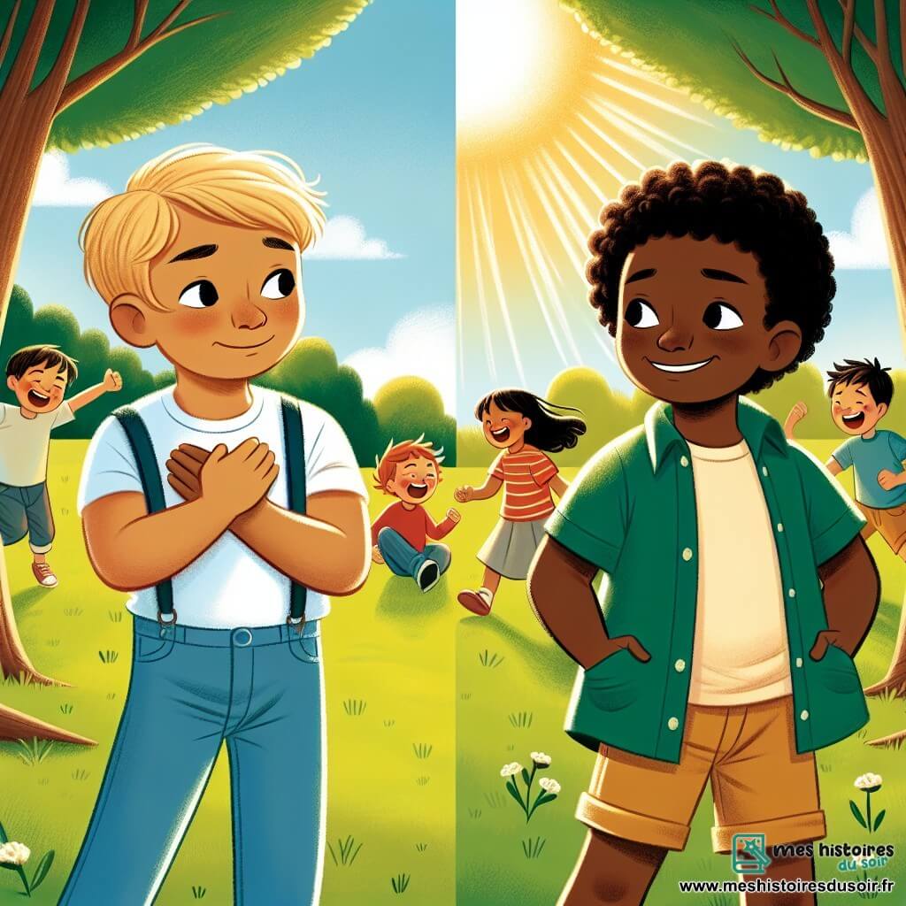Une illustration destinée aux enfants représentant un garçon courageux confrontant le racisme avec son nouvel ami, un garçon chaleureux aux cheveux frisés, dans un parc ensoleillé aux arbres verdoyants et aux enfants riant et jouant autour d'eux.