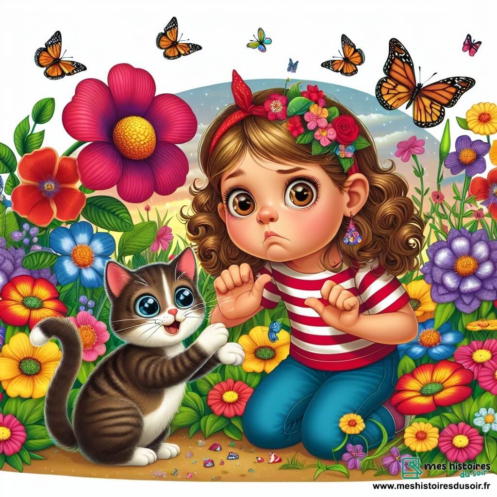 Une illustration destinée aux enfants représentant une petite fille aux boucles brunes confrontée à un mensonge qui pèse sur son cœur, observée par son chaton espiègle, dans un jardin coloré aux fleurs éclatantes et aux papillons virevoltants.