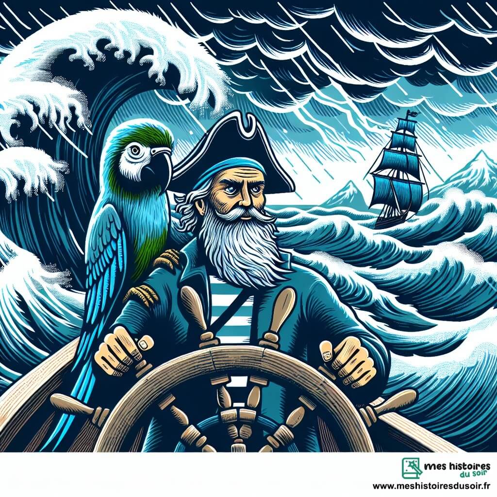 Une illustration destinée aux enfants représentant un capitaine courageux et intrépide, accompagné de son fidèle perroquet bavard, naviguant sur un navire chahuté par une tempête déchaînée en plein océan, avec des vagues hautes comme des montagnes et un ciel sombre menaçant.