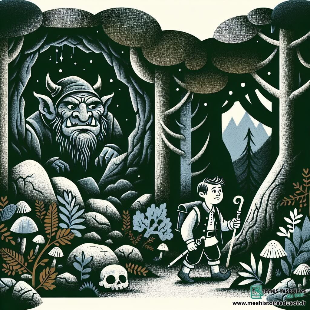 Une illustration destinée aux enfants représentant un ogre grognon vivant dans une grotte sombre, accompagné d'un courageux petit garçon explorant une forêt enchantée.