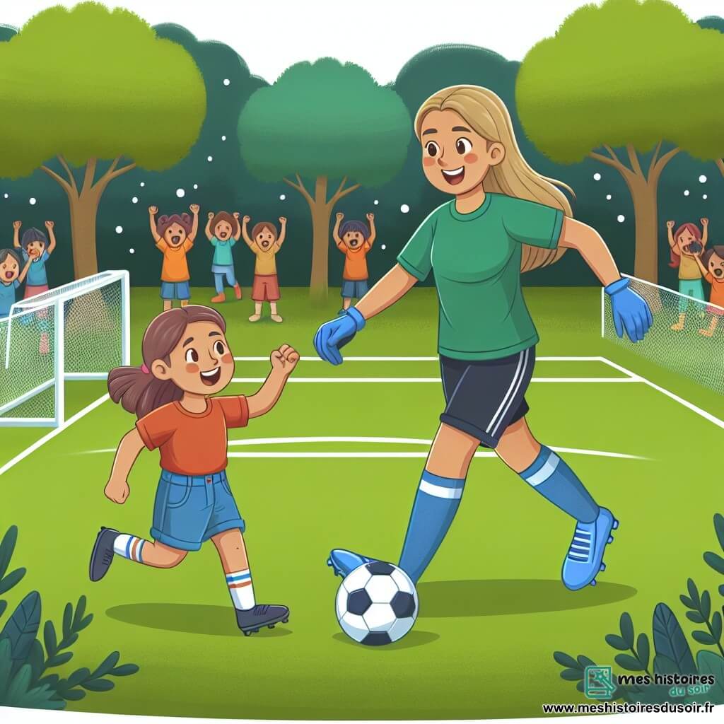 Une illustration destinée aux enfants représentant une jeune fille passionnée de football, s'entraînant avec une célèbre joueuse professionnelle, dans un petit terrain de football entouré d'arbres verdoyants et de supporters enthousiastes.