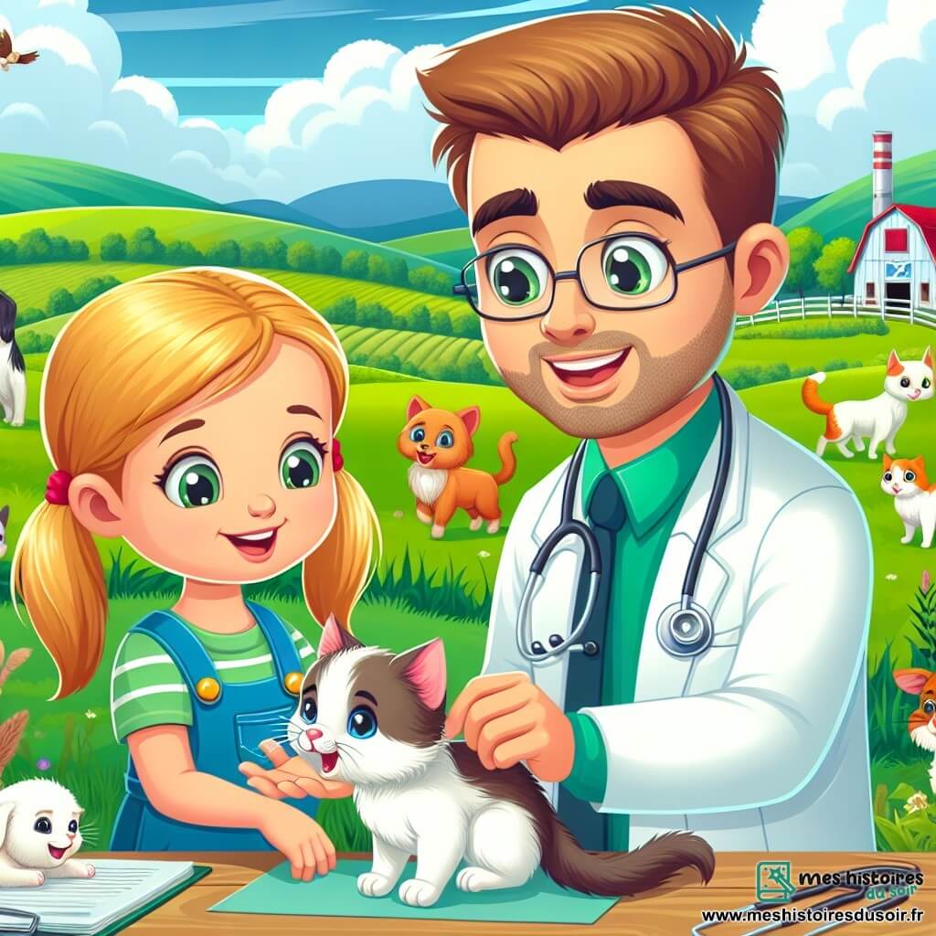 Une illustration destinée aux enfants représentant un vétérinaire bienveillant (homme) examinant un chaton blessé avec l'aide de sa fille curieuse (fille), dans une ferme pittoresque entourée de champs verdoyants et d'animaux joyeux.