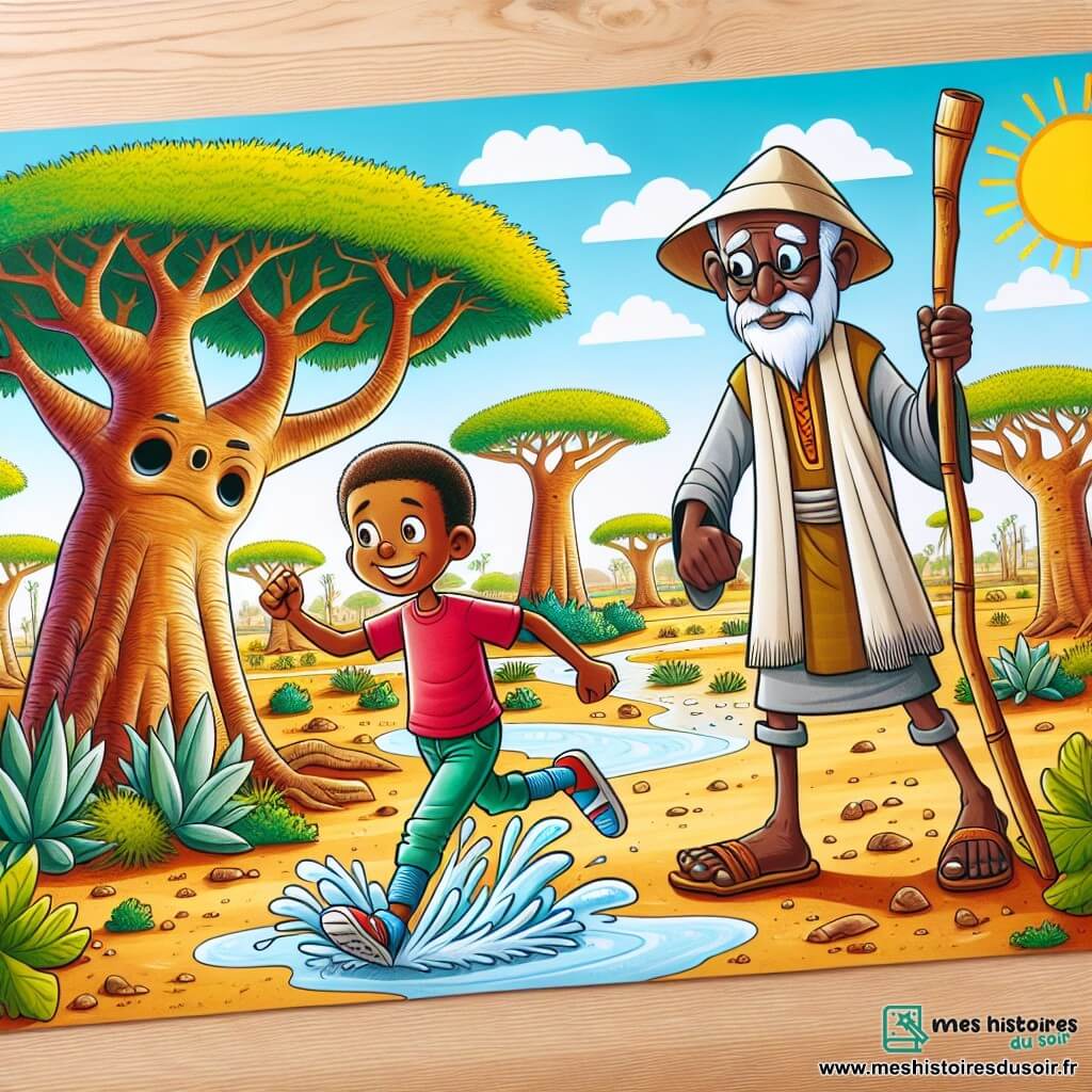 Une illustration destinée aux enfants représentant un jeune homme courageux affrontant une sécheresse dévastatrice, accompagné d'un sage vieil homme, dans un village africain baigné par le soleil et entouré de baobabs majestueux.