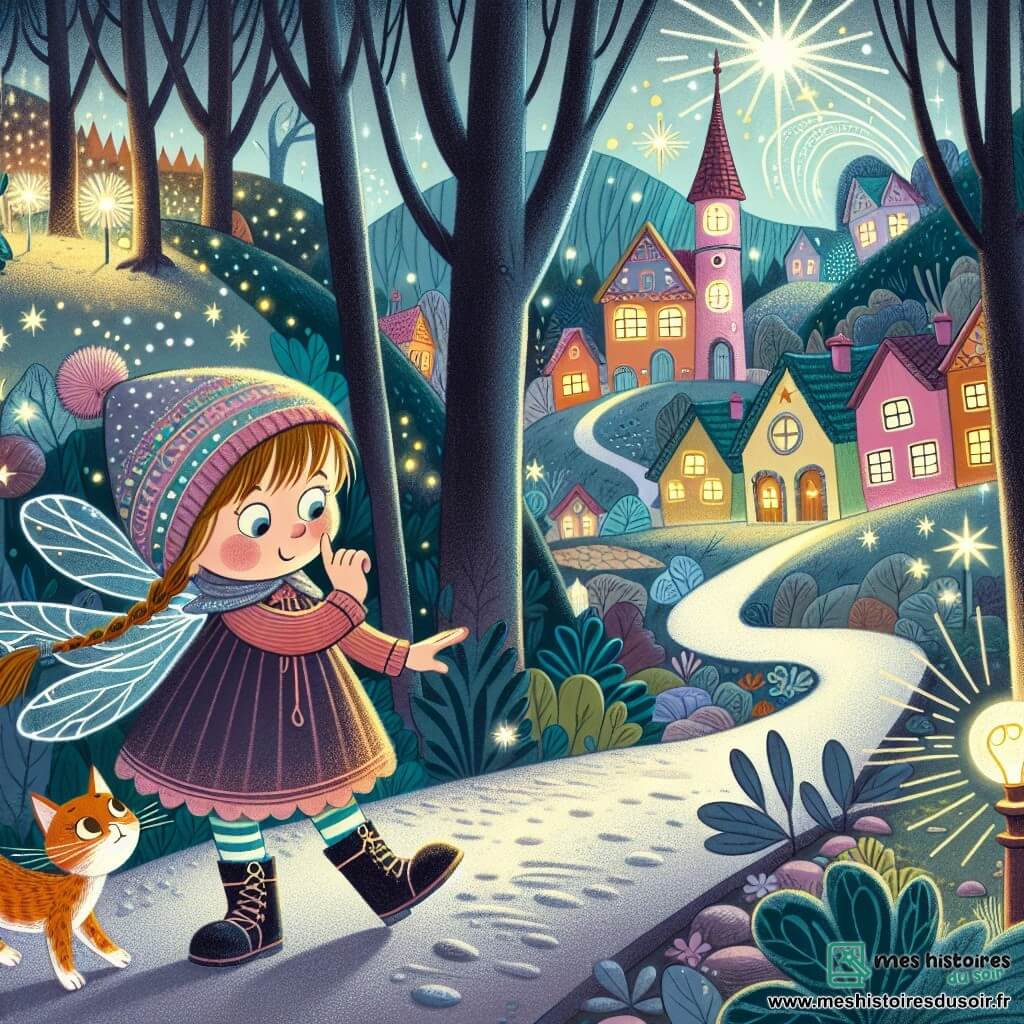 Une illustration destinée aux enfants représentant une petite fille curieuse se lançant dans une enquête magique avec l'aide d'une fée étincelante et d'un chat espiègle, dans un village enchanté au cœur d'une forêt mystérieuse aux arbres lumineux et aux maisons colorées.