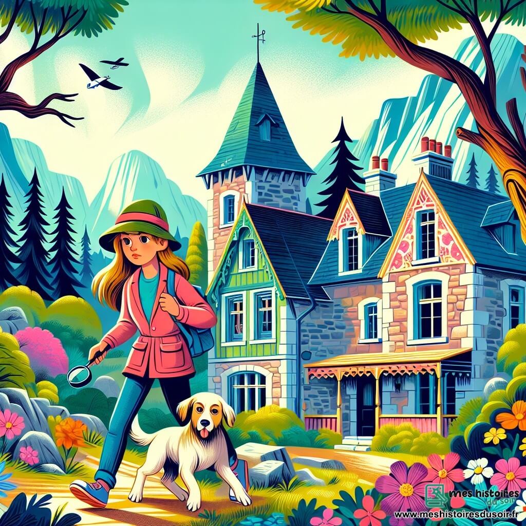 Une illustration destinée aux enfants représentant une jeune détective intrépide explorant une maison abandonnée avec son chien fidèle, à la recherche d'indices mystérieux, dans le village enchanteur de Clairbois, entouré de grands arbres majestueux et de fleurs colorées.