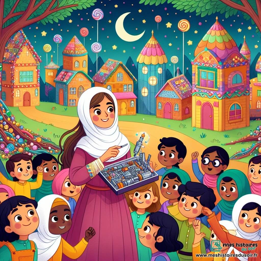 Une illustration destinée aux enfants représentant une inventrice passionnée, entourée d'enfants curieux, dans un village féerique où les arbres dansent et les maisons sont faites de bonbons colorés.