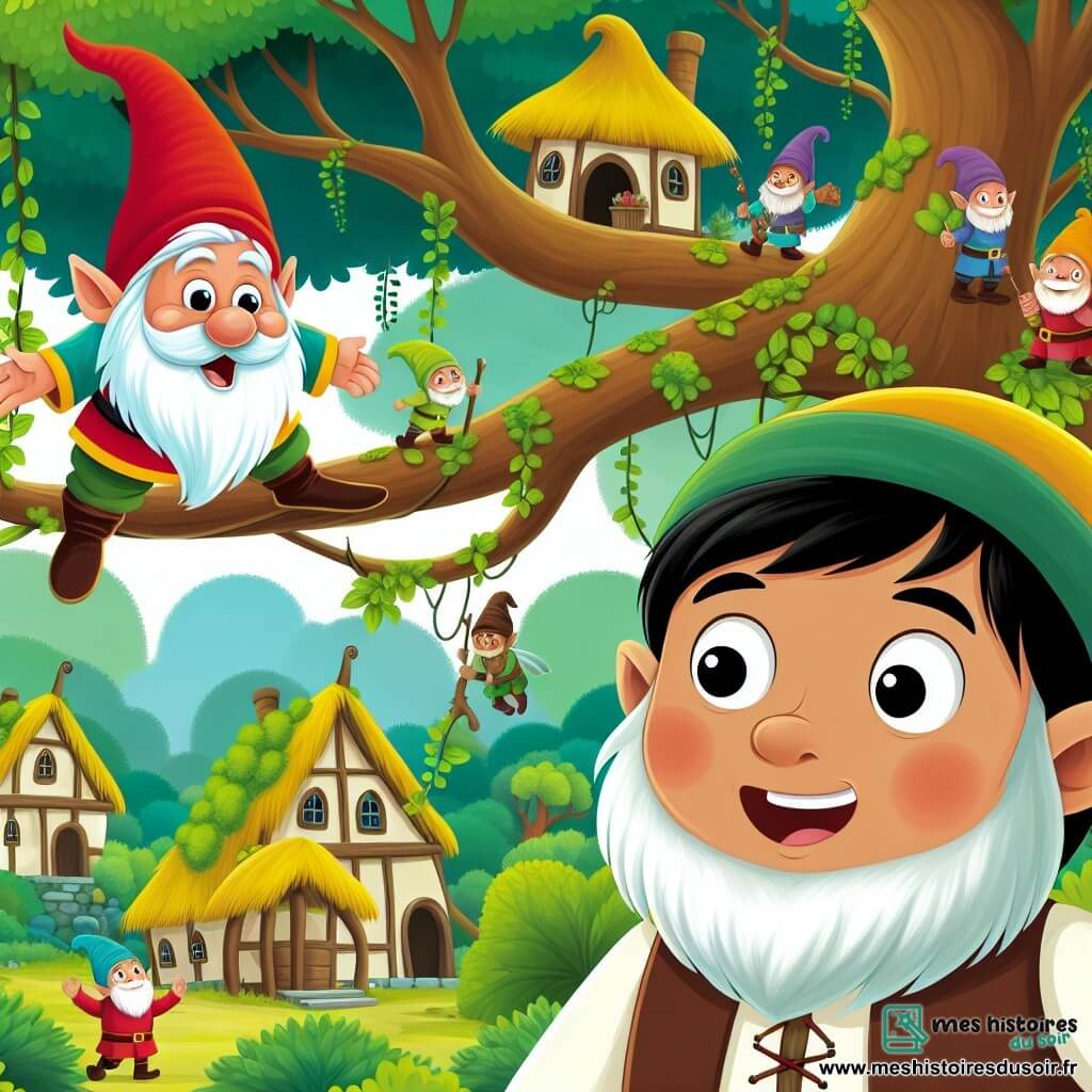 Une illustration destinée aux enfants représentant un lutin espiègle, un enfant garçon curieux, et un village perché sur les branches des arbres dans une vallée verdoyante et enchantée où se déroulent des aventures magiques.