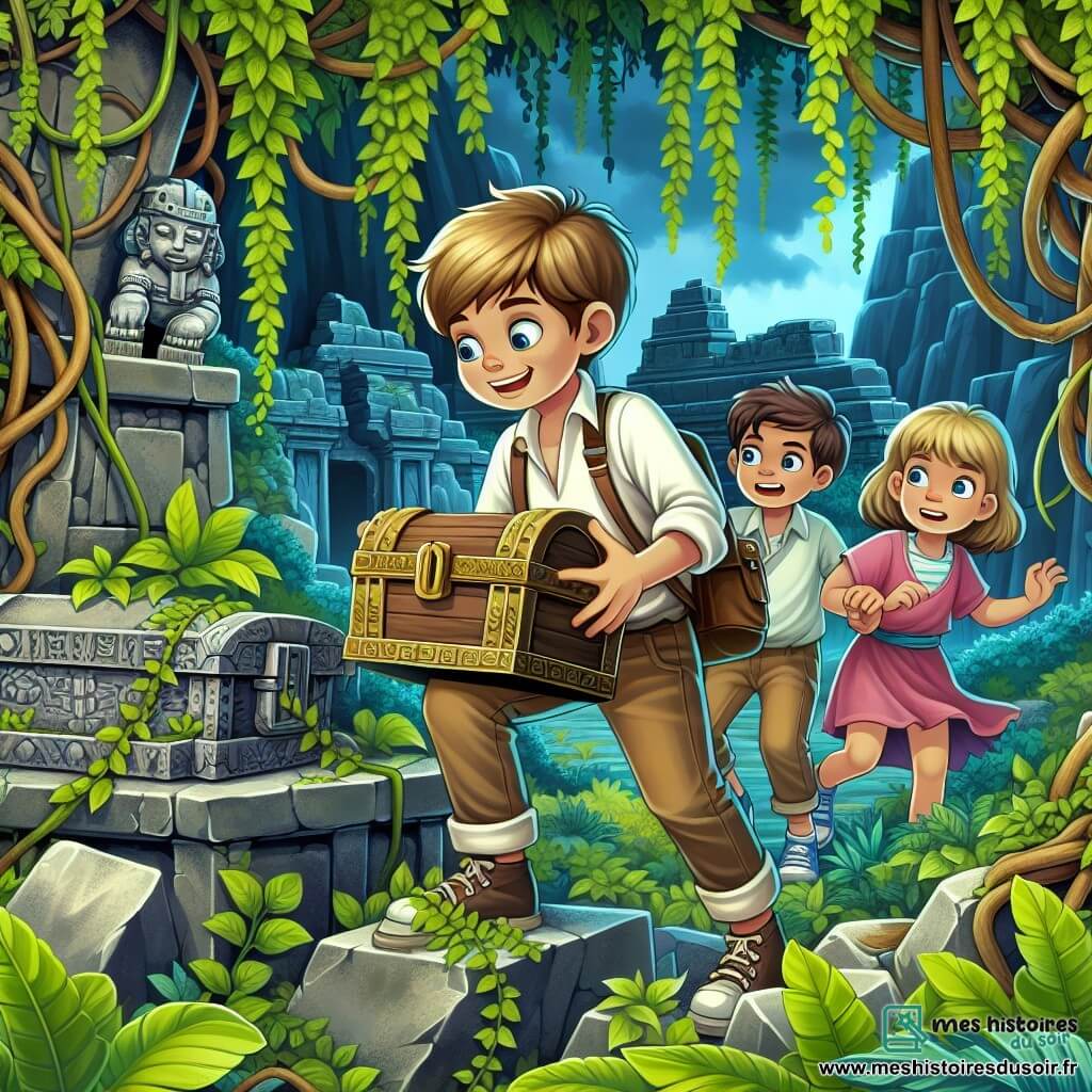 Une illustration destinée aux enfants représentant un archéologue passionné, un garçon, découvrant un coffre mystérieux avec l'aide de deux enfants, une fille et un garçon, dans les ruines luxuriantes d'une cité perdue recouvertes de lianes et de végétation dense.