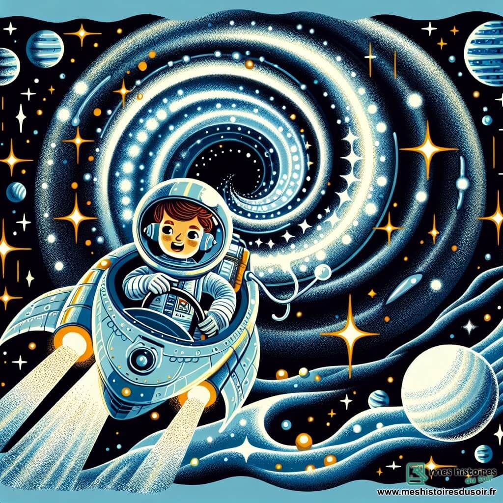Une illustration destinée aux enfants représentant une astronaute courageuse et déterminée, embarquée à bord d'un vaisseau spatial scintillant, naviguant à travers un vortex spatial mystérieux, dans un système solaire inexploré aux océans scintillants.