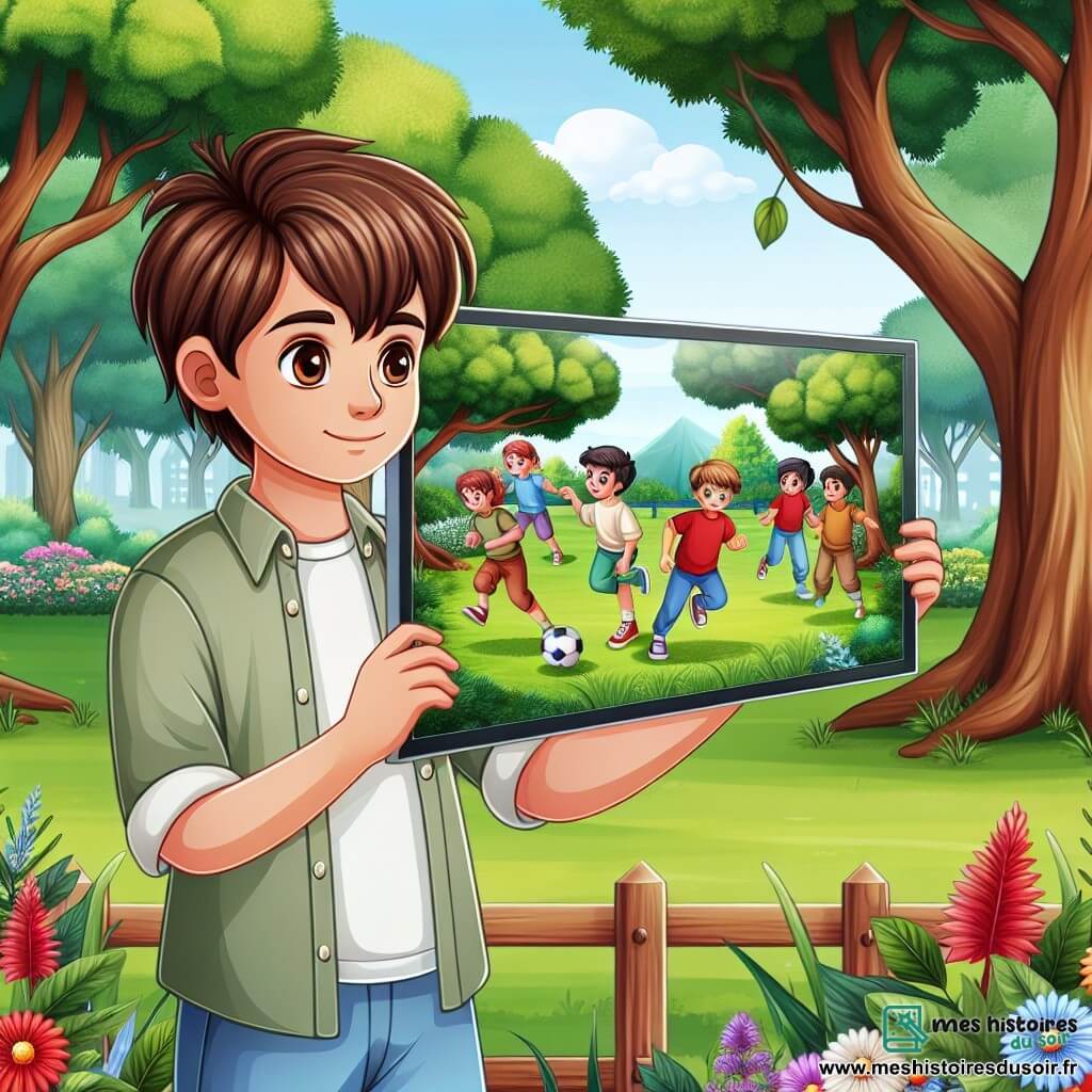 Une illustration destinée aux enfants représentant un garçon aux cheveux bruns, captivé par un écran lumineux, découvrant ses amis en train de jouer joyeusement dans un parc verdoyant aux arbres majestueux et aux fleurs colorées.