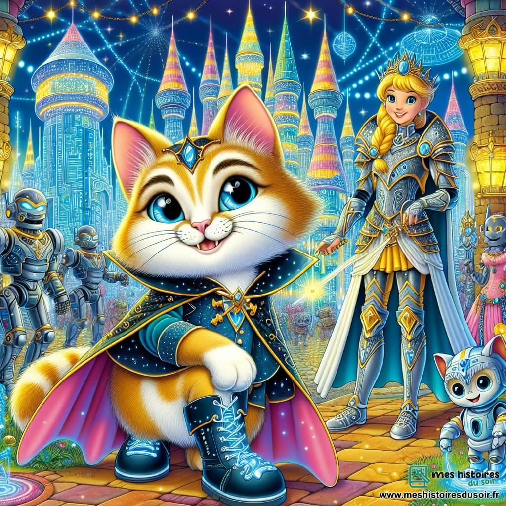 Une illustration destinée aux enfants représentant un chat malin aux bottes magiques, une princesse courageuse, un royaume futuriste aux tours scintillantes et aux robots bienveillants.