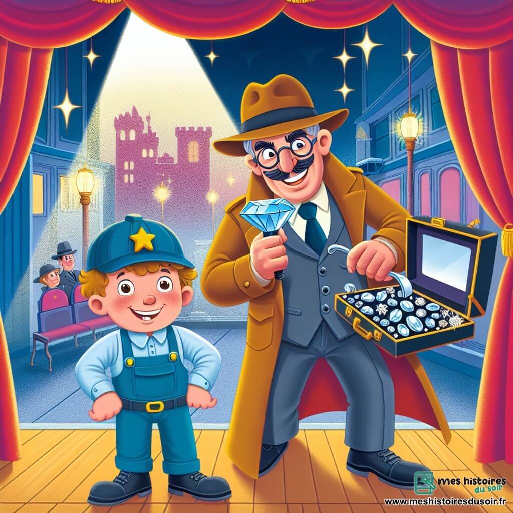 Une illustration destinée aux enfants représentant un détective malicieux résolvant un mystère de vol de bijou avec l'aide d'un jeune technicien, dans les coulisses d'un théâtre scintillant de la petite ville de Fleurdemai.