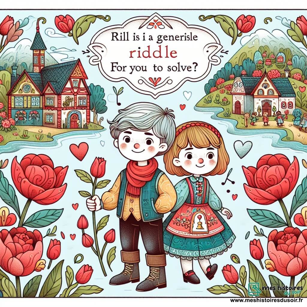 Une illustration destinée aux enfants représentant un garçon au cœur généreux, une énigme mystérieuse à résoudre, sa meilleure amie Lila, un village enchanteur nommé Douceville avec des roses rouges et des tulipes colorées.