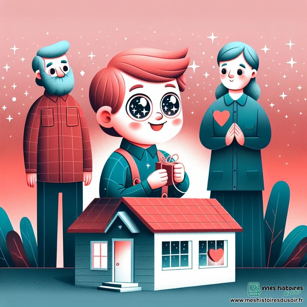 Une illustration destinée aux enfants représentant un garçon aux grands yeux pétillants préparant une surprise pour sa famille pour la Saint-Valentin, avec ses parents émus et complices, dans une petite maison au toit rouge, sous un ciel rosé et étoilé.