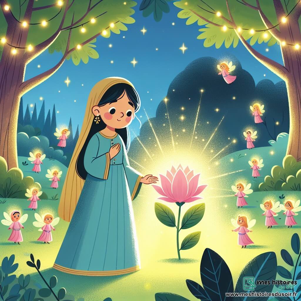 Une illustration destinée aux enfants représentant une jeune femme au cœur pur, se tenant dans une clairière enchantée entourée de petites fées lumineuses, où elle découvre une fleur rose éclatante, émettant une douce lueur dorée.
