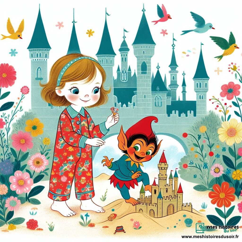 Une illustration destinée aux enfants représentant une fillette en pyjama sirène, construisant un château de sable avec l'aide d'un lutin farceur multicolore, dans un jardin aux fleurs dansantes et aux oiseaux mélodieux.