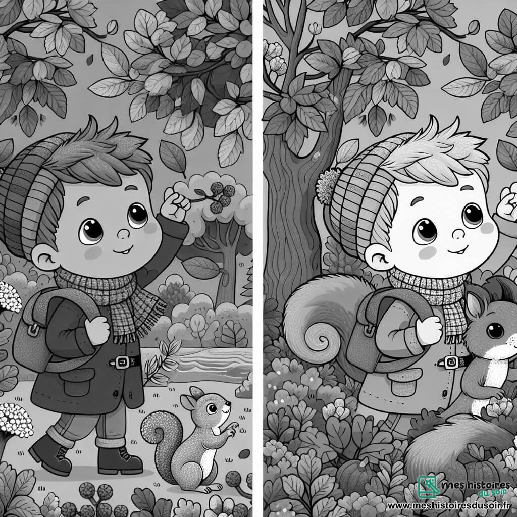 Une illustration destinée aux enfants représentant un petit garçon émerveillé par les couleurs chatoyantes des feuilles d'automne, accompagné d'un écureuil curieux, explorant un jardin aux arbres parés de teintes orangées, rouges et jaunes.